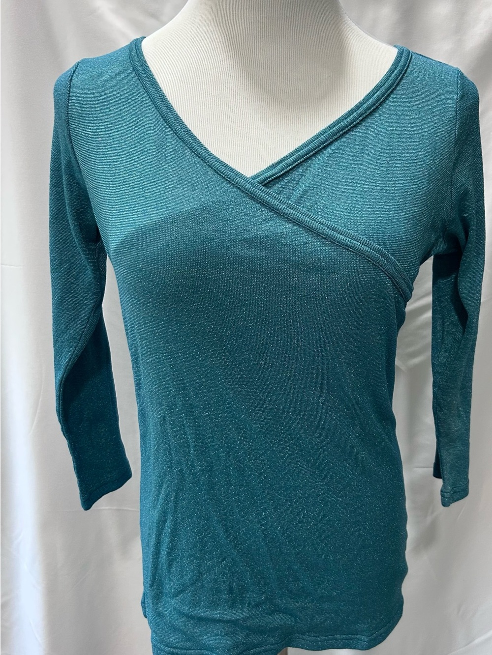 Michael Stars Teal Metallic Long Sleeve V Neck Wrap Front Top One Size Fits Most
